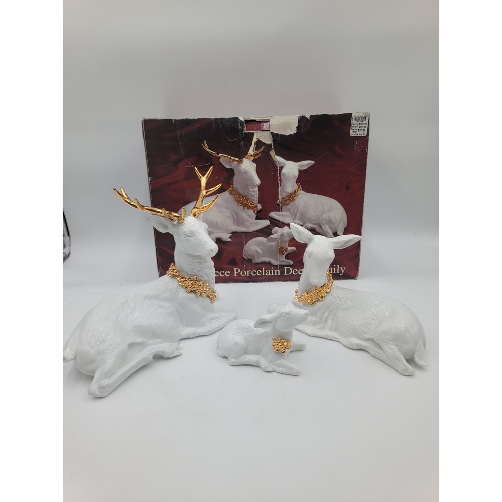 VTG 3 Piece Porcelain Deer Family Set White Gold Accents XPF-15 Christmas